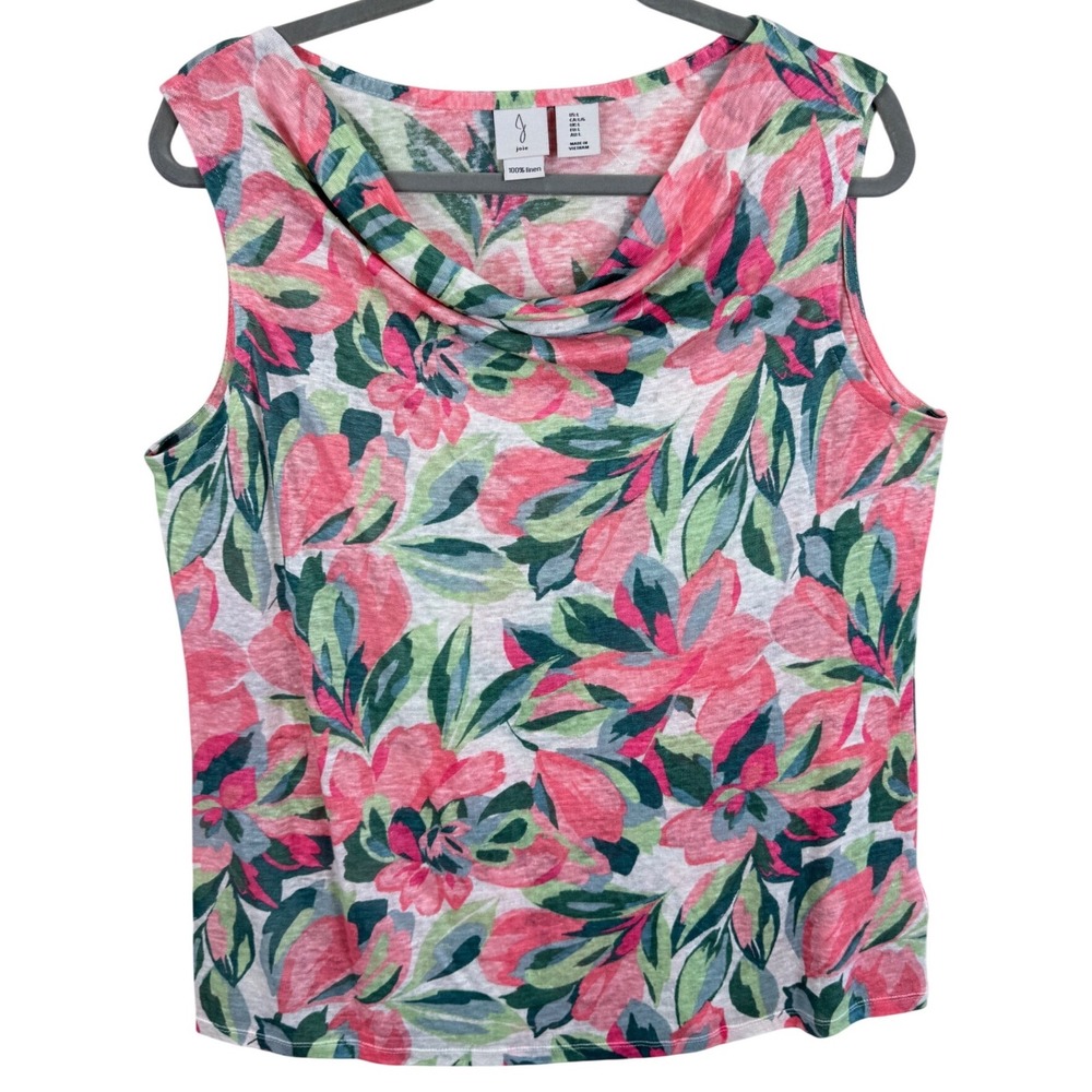 Joie Womens Pink Green Floral 100% Linen Cowl Neck Sleeveless Top Size Large